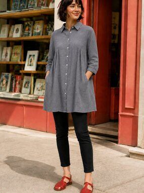 Zara Gray Crinkle Gauze Cotton Tunic Shirt Stretch Button Front Size M